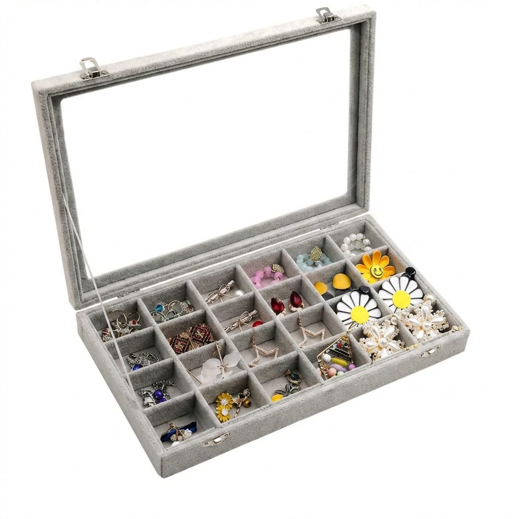 Cutie bijuterii organizator cu capac sticlă, 24 compartimente, materiale calitate - Imagine 2