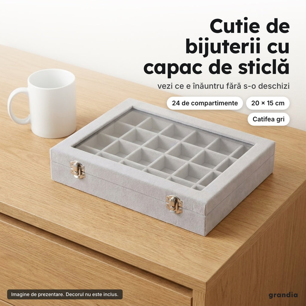 Cutie de bijuterii gri, catifelată, capac cu geam, 24 de compartimente, 20 × 15 cm – Cutie de bijuterii cu capac de sticlă