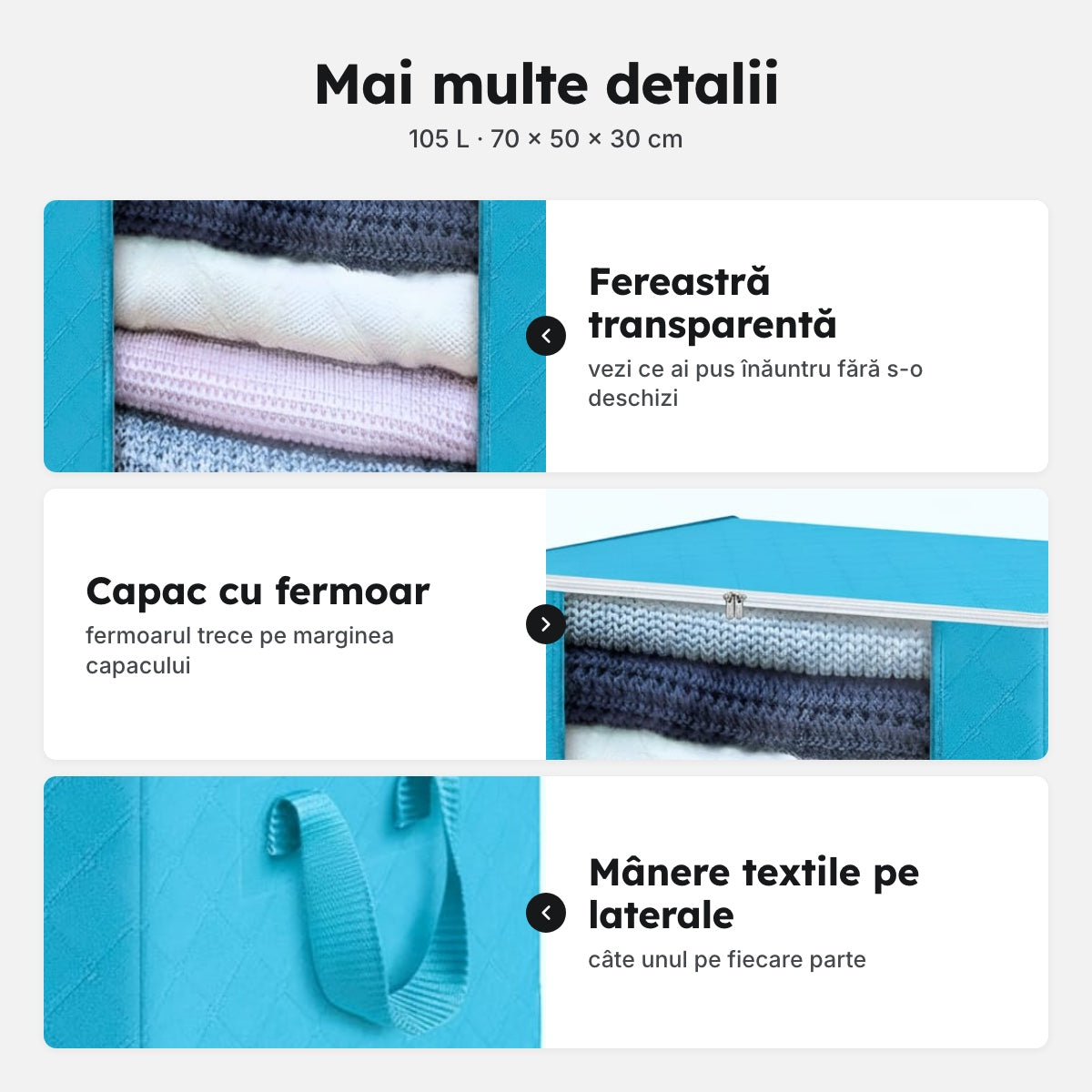 Cutie textilă albastră 105 L, 70 × 50 × 30 cm, cu fermoar și fereastră – Mai multe detalii