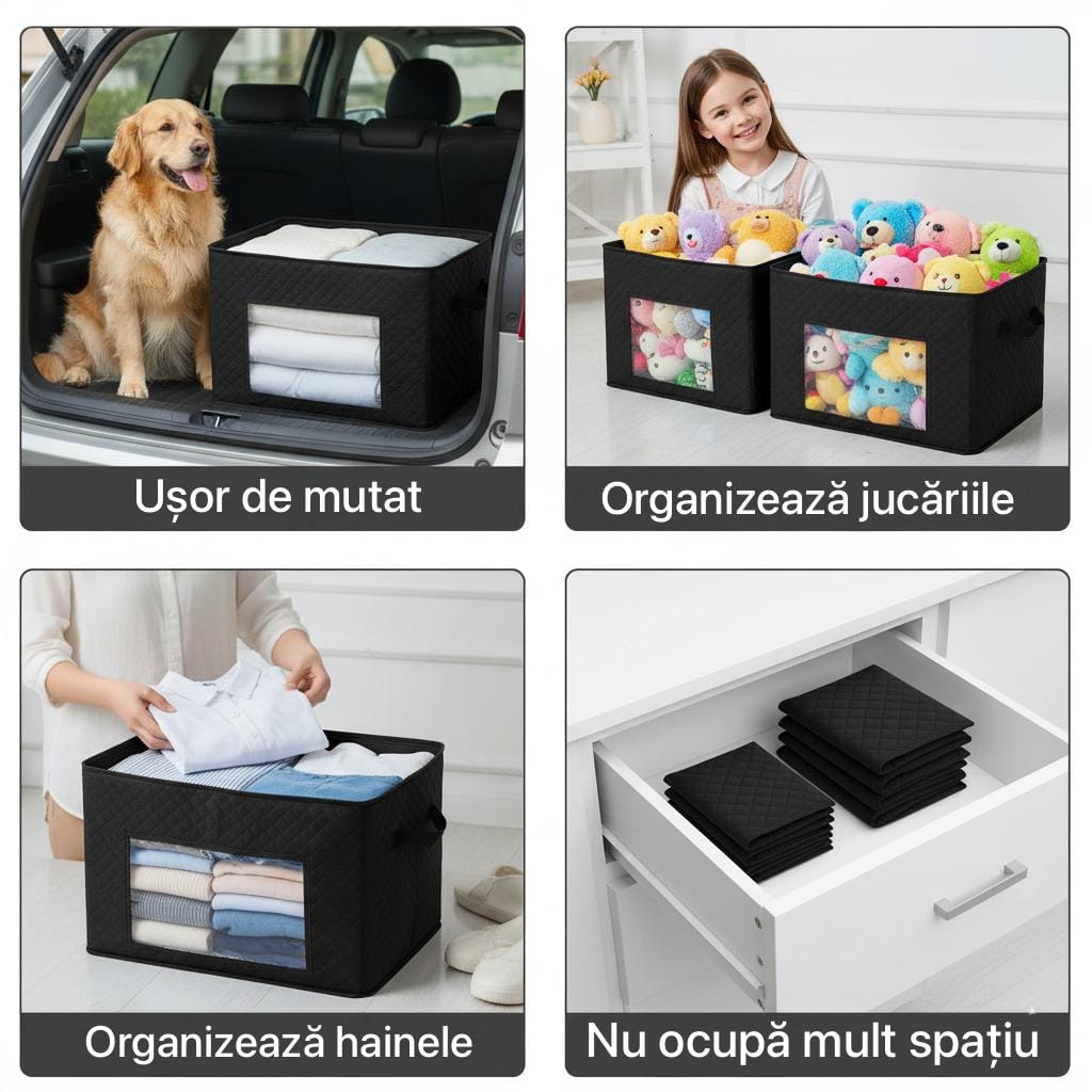 Cutie mare pentru depozitare si organizare, pliabila, cu fereastra transparenta si capac rezistent, negru 2