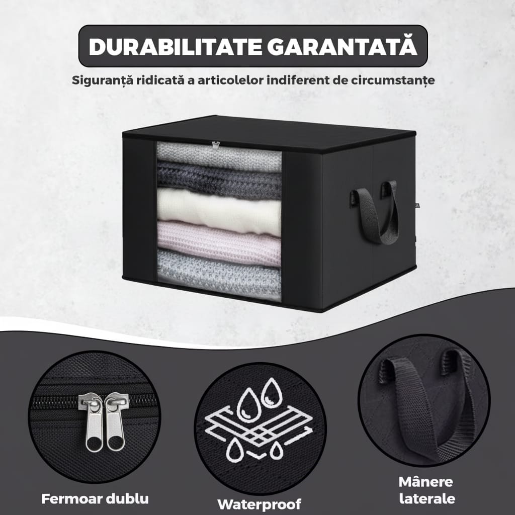 Cutie mare pentru depozitare si organizare, pliabila, cu fereastra transparenta si capac rezistent, negru 3