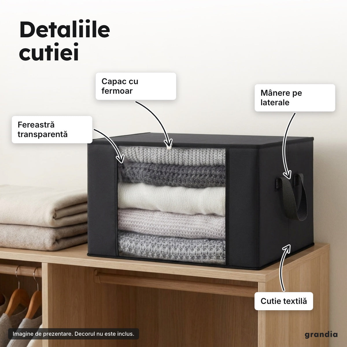 Cutie textilă pliabilă neagră – Detaliile cutiei
