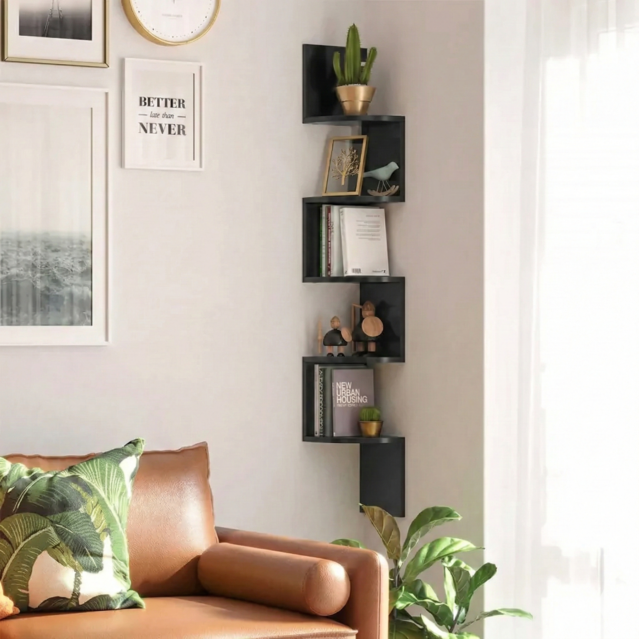 Raft de perete suspendat de colt cu 5 niveluri din lemn, plutitor