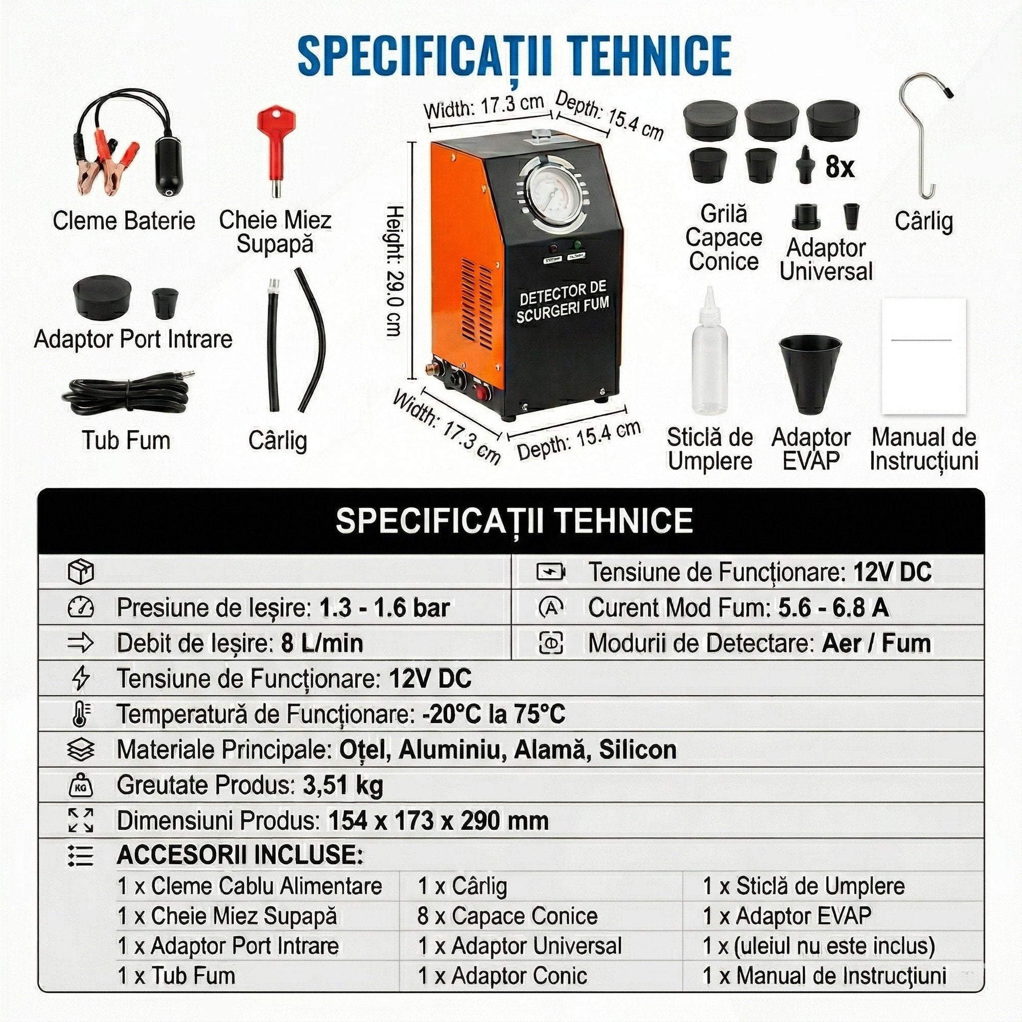 Detector de Scurgeri cu Fum pentru Automobile – Pompa de Aer Integrata, Manometru Digital, 12V 5