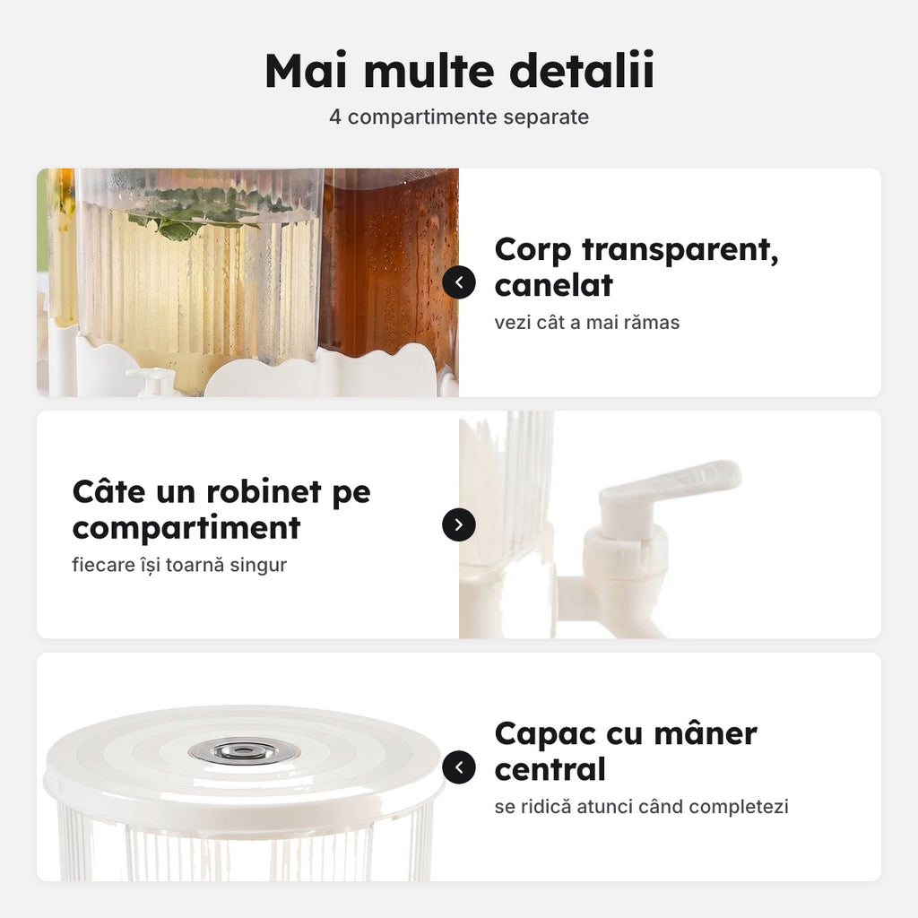 Dispenser băuturi alb-crem cu 4 compartimente și robinete, pe suport – Mai multe detalii