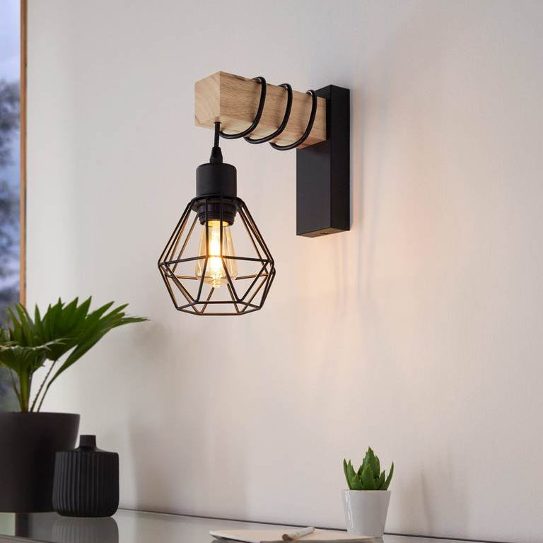 Aplica de perete cu brat de lemn LED  – design vintage din lemn