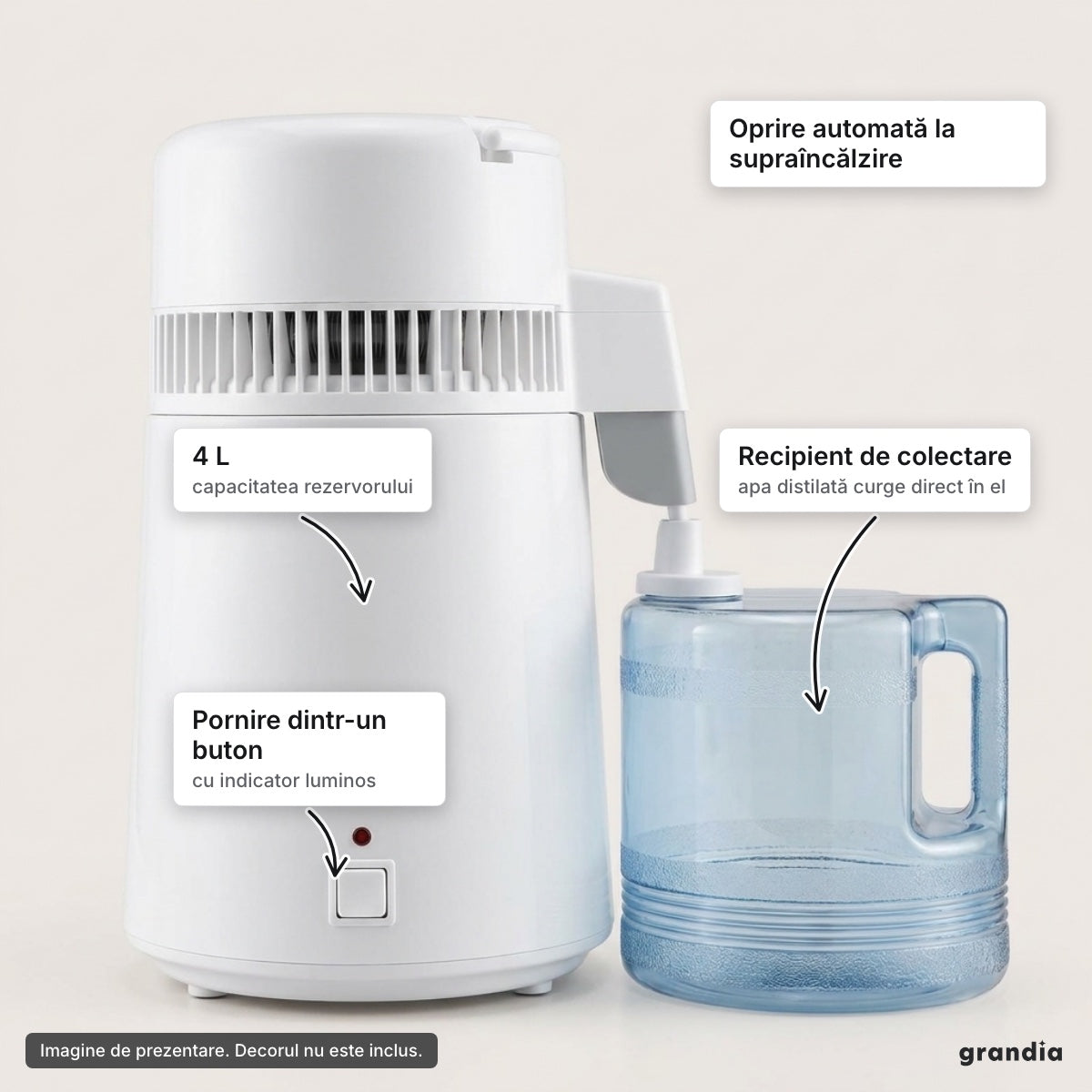 Distilator de apă 4 L, 750 W – elemente principale