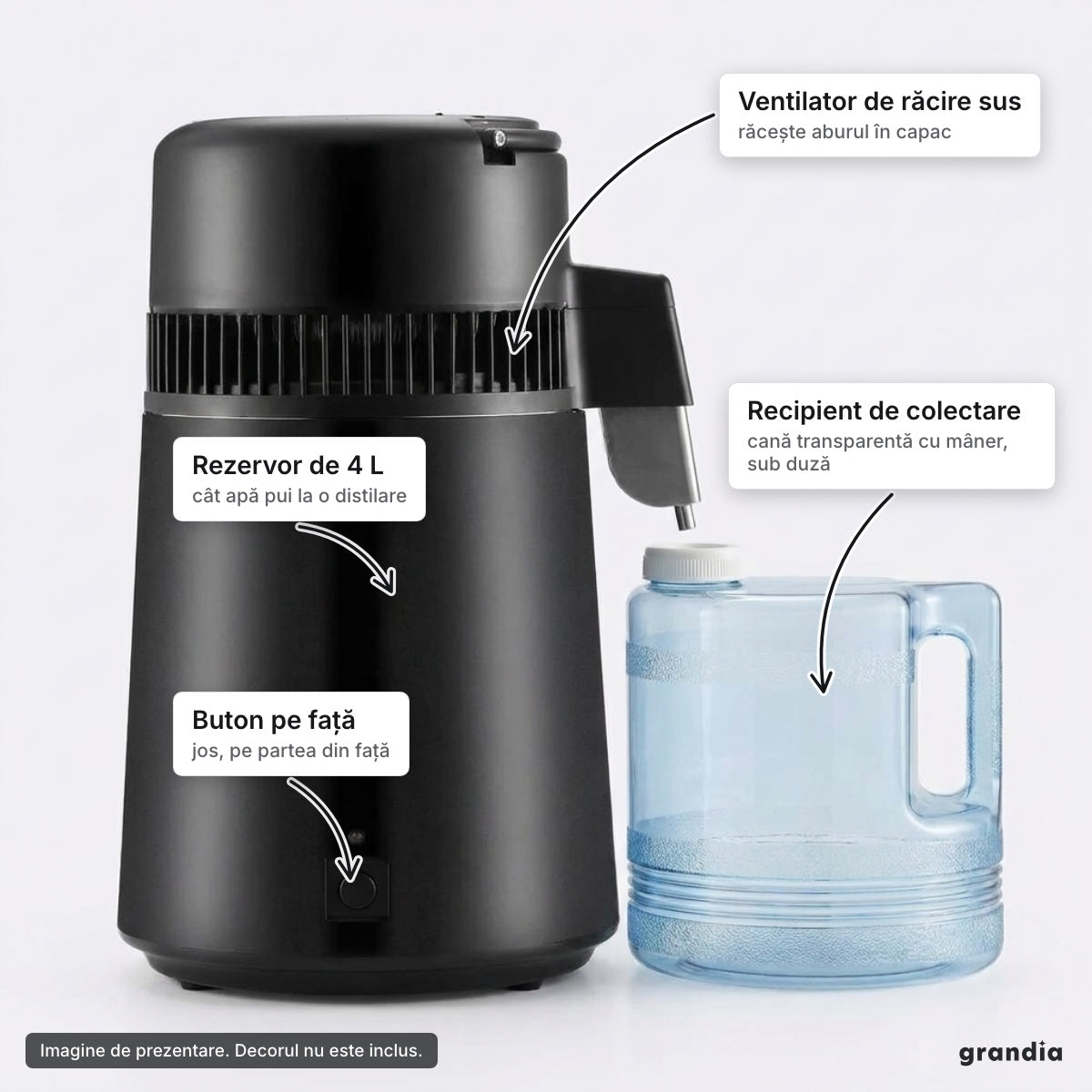 Distilator de apă de 4 L, 750 W, interior din inox 304, negru – elemente principale