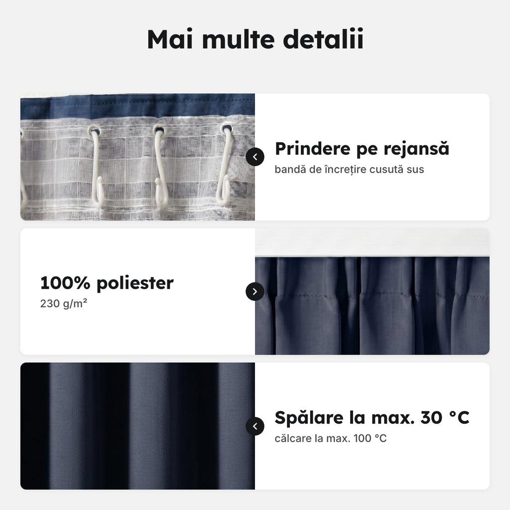 Draperie blackout cu rejansă, albastru indigo, 140 cm lățime – Mai multe detalii