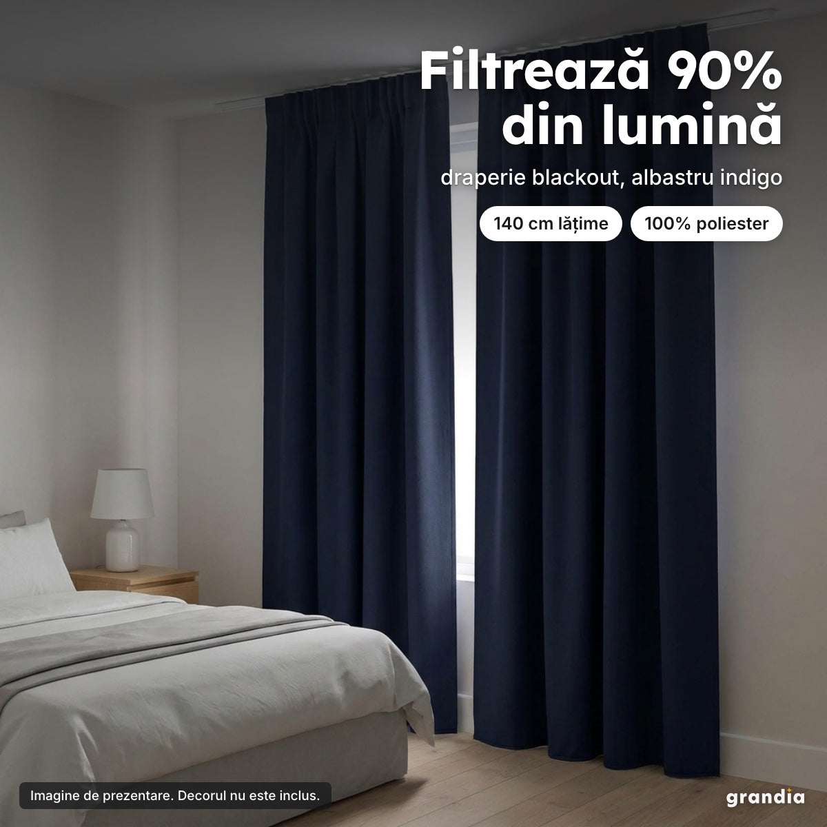 Draperie blackout cu rejansă, albastru indigo, 140 cm lățime – Filtrează 90% din lumină