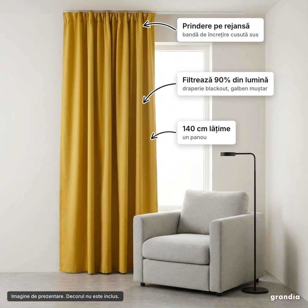 Draperie blackout galben muștar cu rejansă – elemente principale