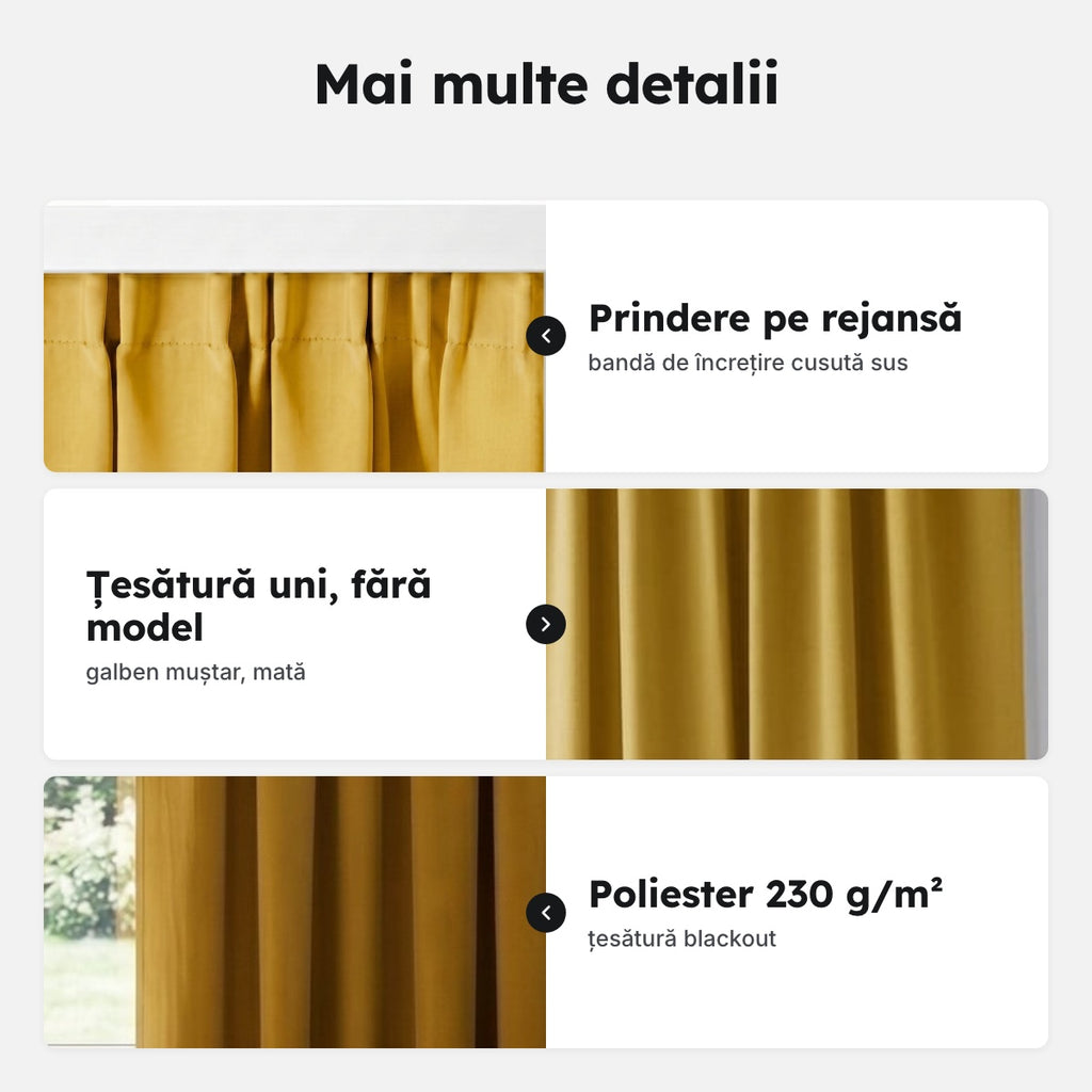 Draperie blackout galben muștar cu rejansă – Mai multe detalii