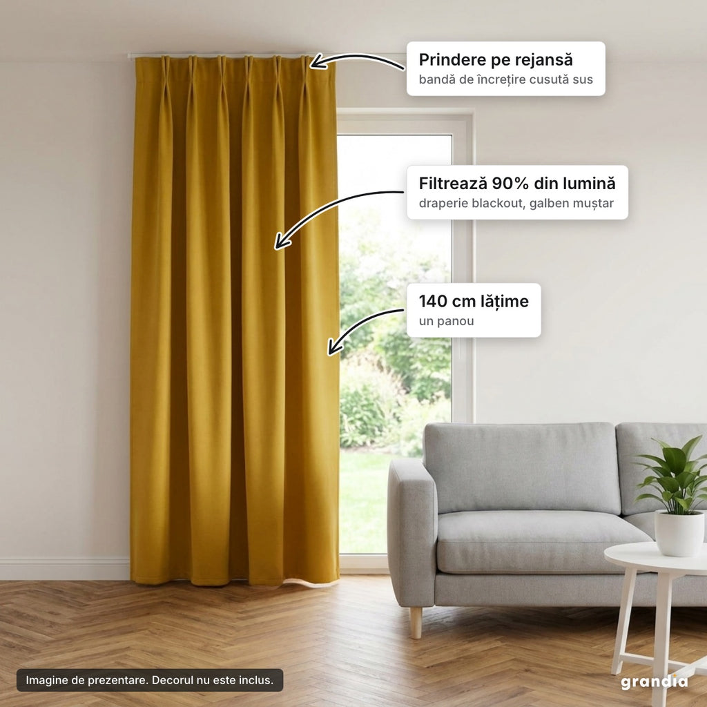 Draperie blackout galben muștar cu rejansă, panou lung – elemente principale
