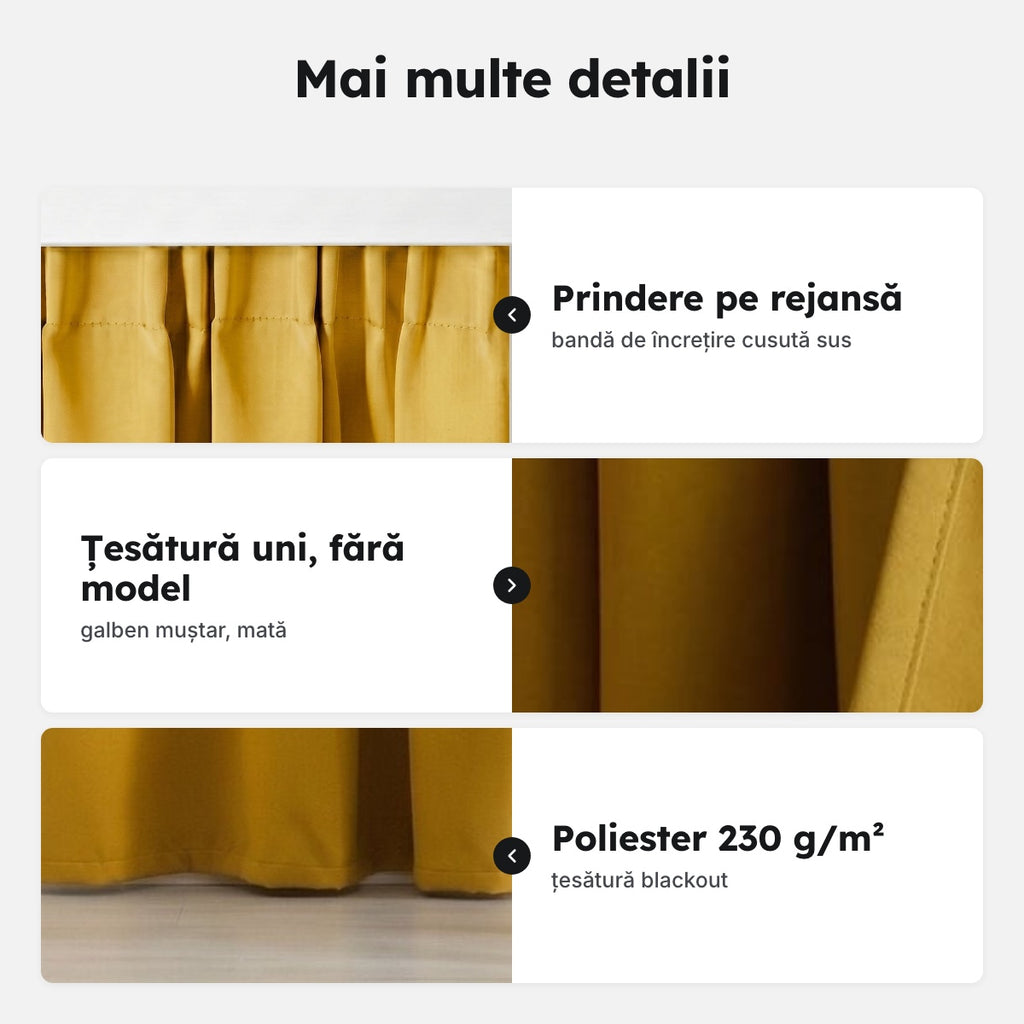 Draperie blackout galben muștar cu rejansă, panou lung – Mai multe detalii