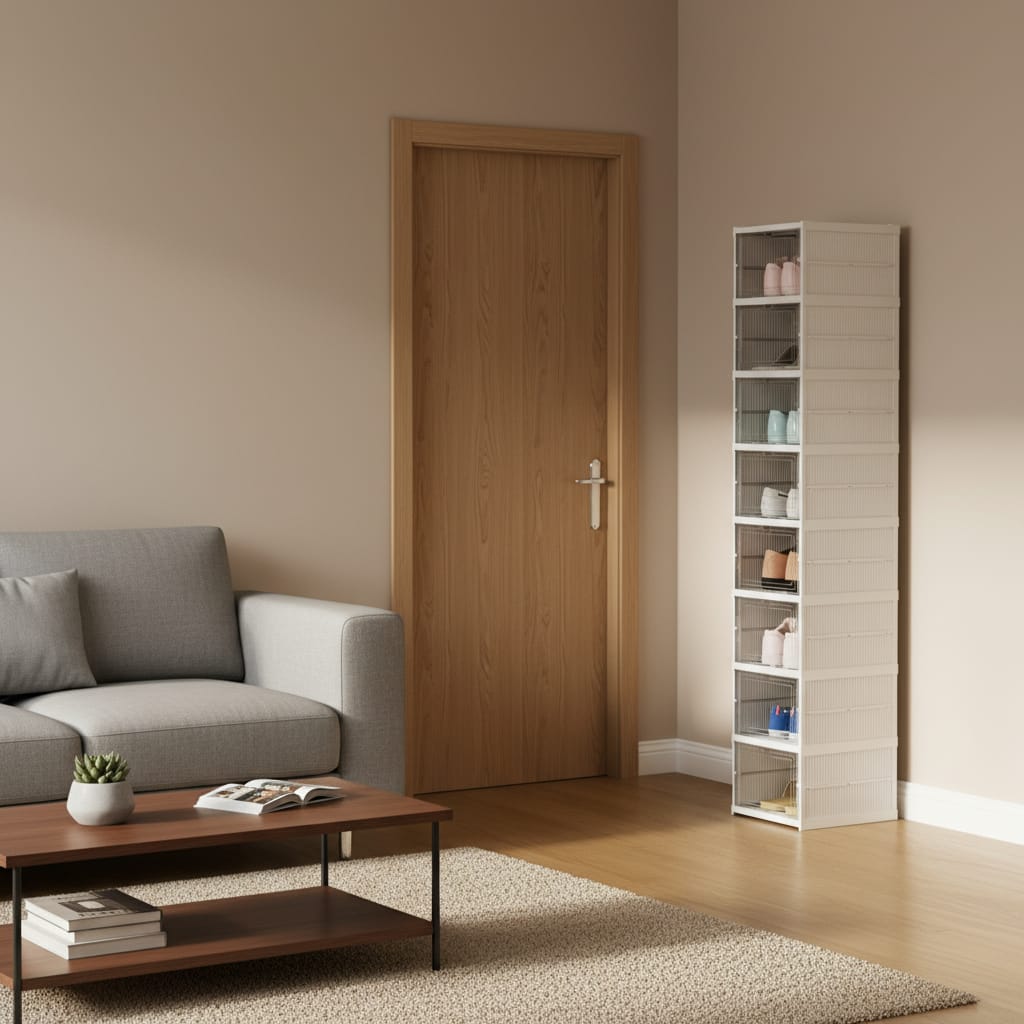 Dulap modular pantofi cu 9 cutii stivuibile, 26x35x140 cm, alb, ventilație eficientă 6