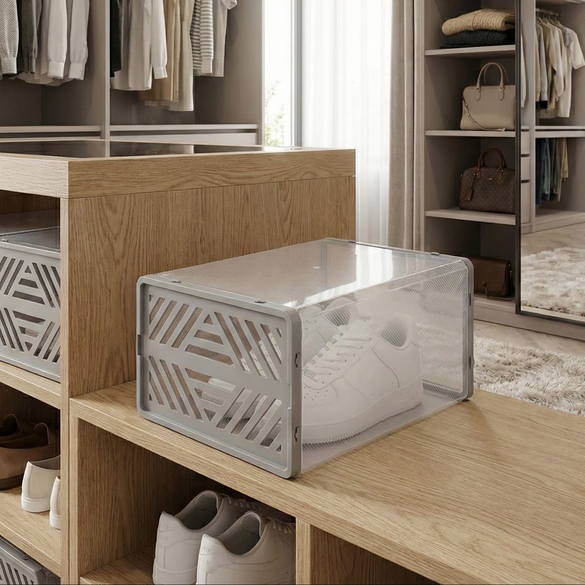 Dulap pentru pantofi modular, cu orificii de ventilatie, 10 cuburi, transparente, stivuibile 5