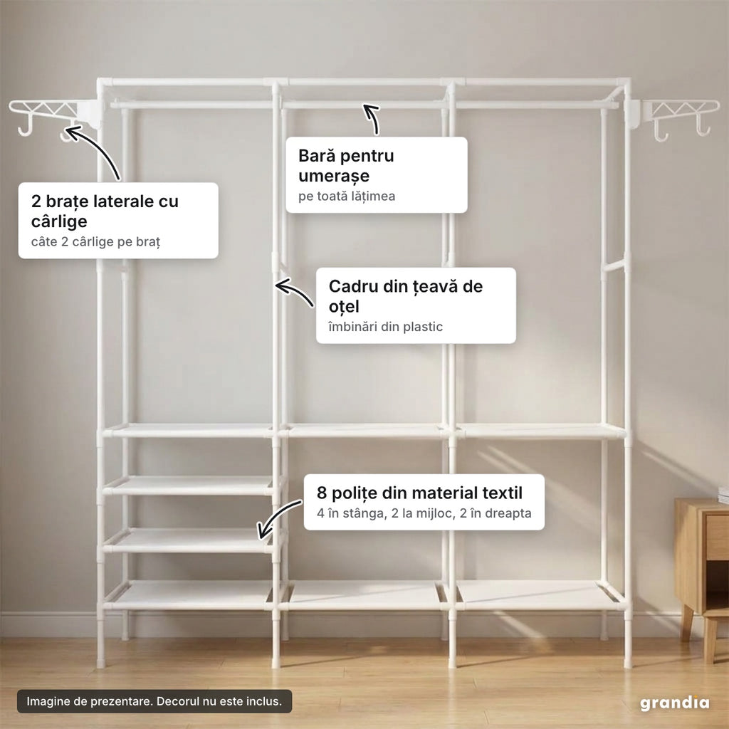 Suport alb pentru haine cu 3 secțiuni – elemente principale
