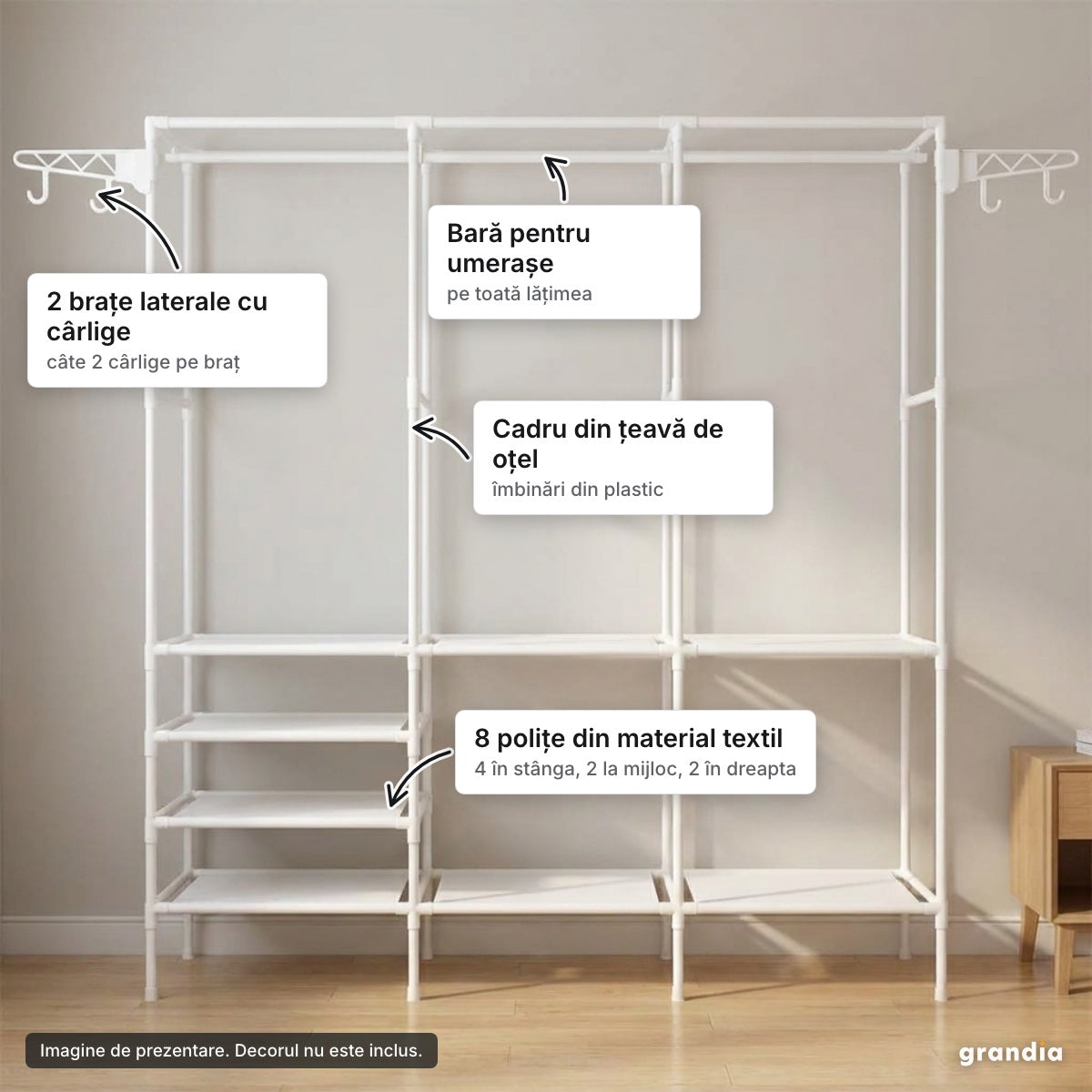 Suport alb pentru haine cu 3 secțiuni – elemente principale