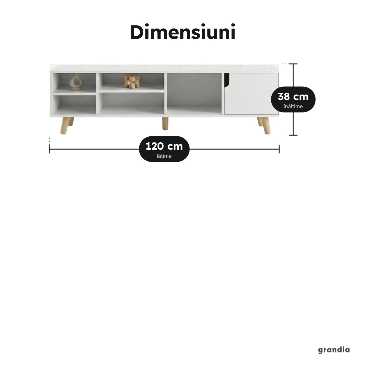 Comodă TV albă 120 × 30 × 38 cm – Dimensiuni