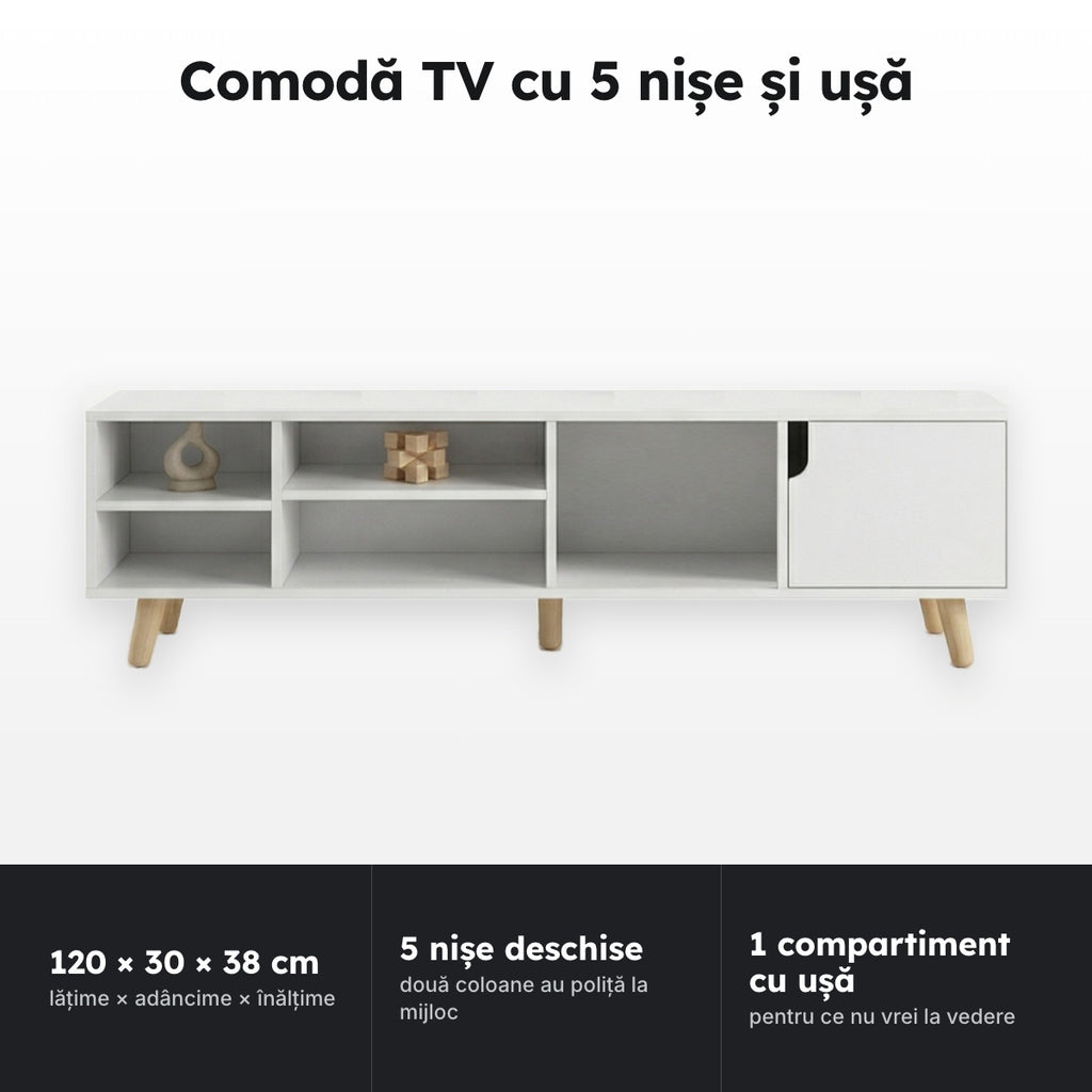 Comodă TV albă 120 × 30 × 38 cm – Comodă TV cu 5 nișe și ușă
