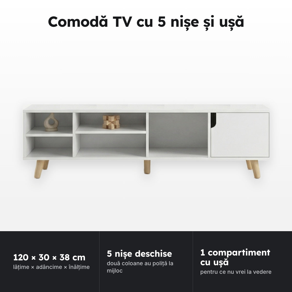 Comodă TV albă 120 × 30 × 38 cm – Comodă TV cu 5 nișe și ușă