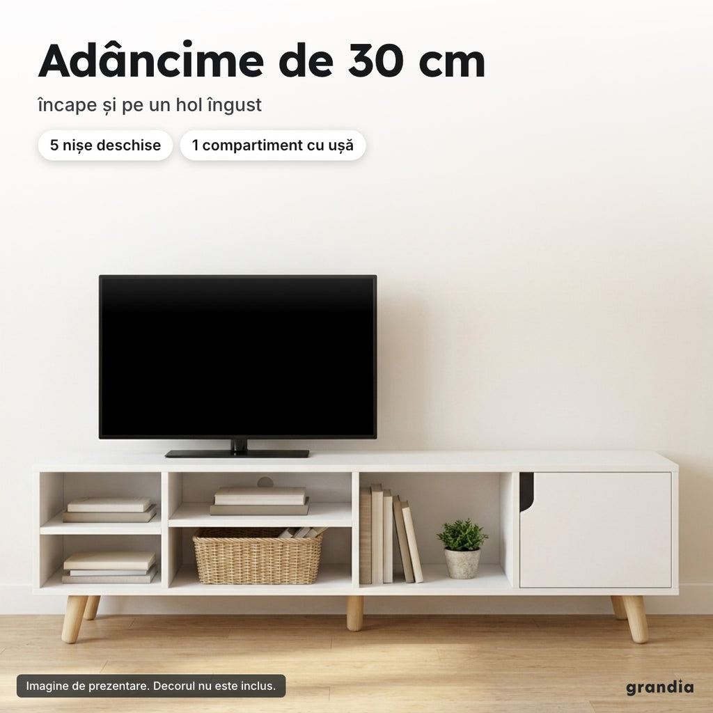 Comodă TV albă 120 × 30 × 38 cm – Adâncime de 30 cm