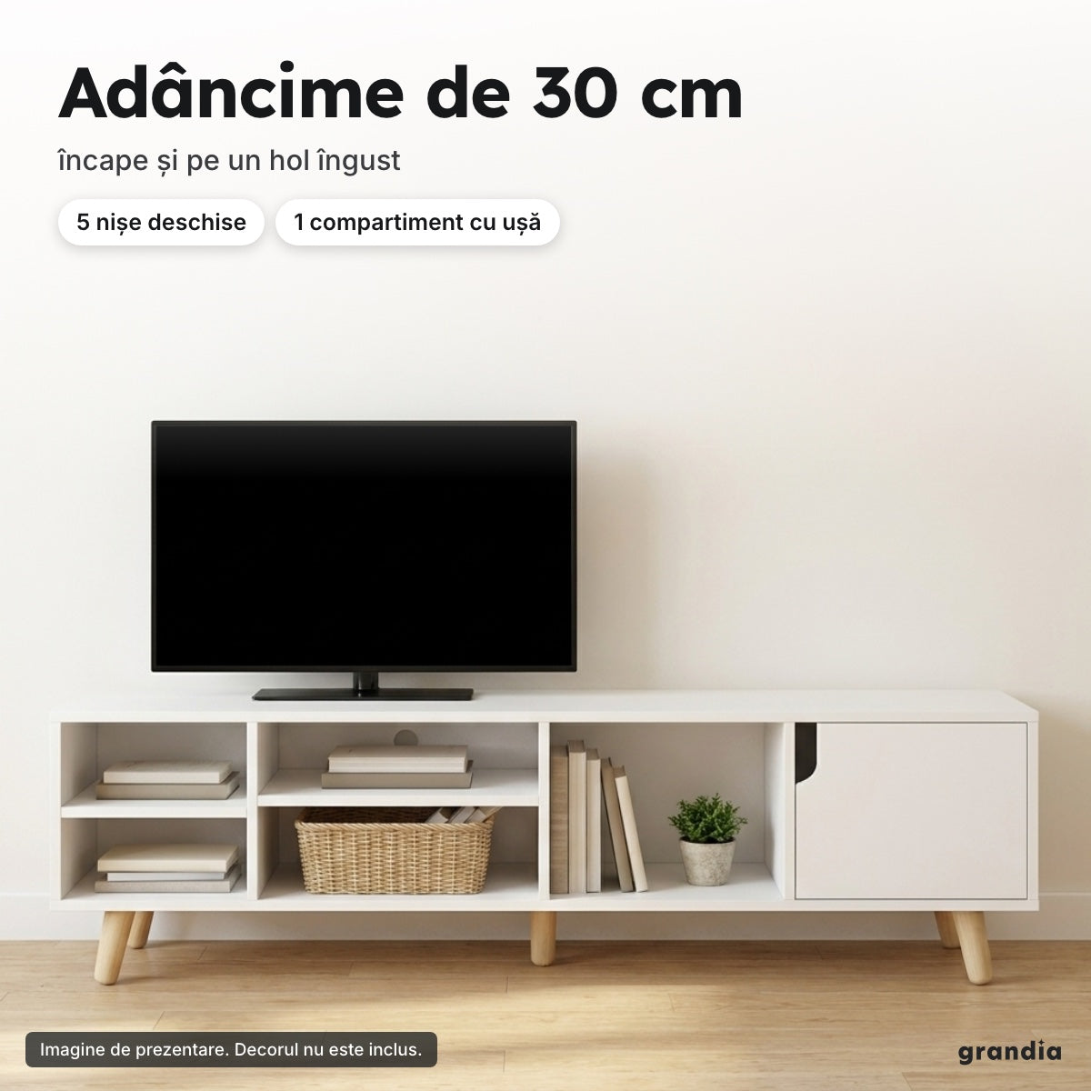 Comodă TV albă 120 × 30 × 38 cm – Adâncime de 30 cm