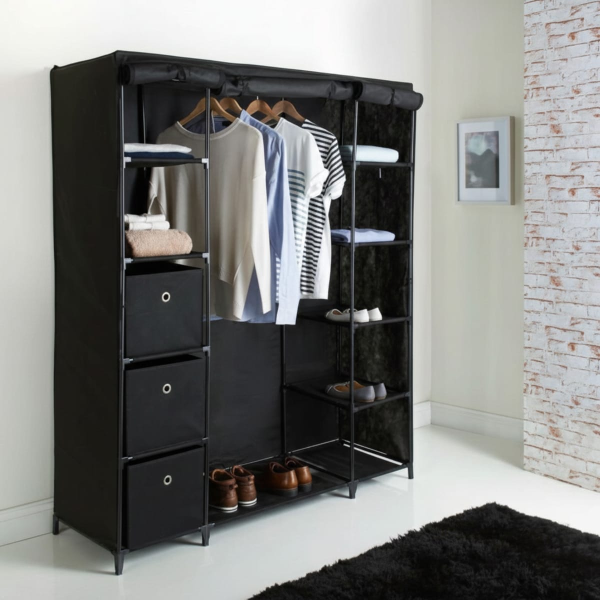 Dulap XXL pentru haine din material textil si schelet metalic, 12 rafturi (11 + 1 spatiu pentru umerase haine), culoare Neagra 1