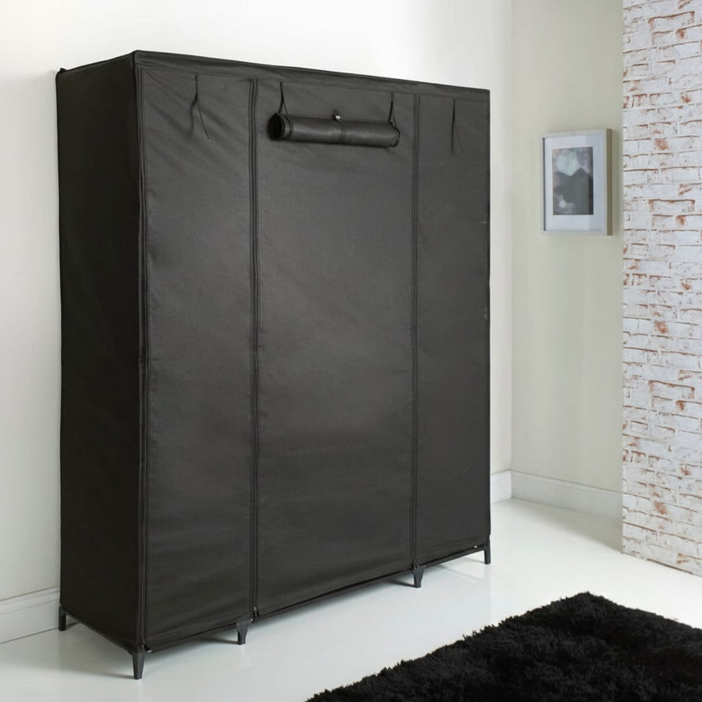 Dulap XXL pentru haine din material textil si schelet metalic, 12 rafturi (11 + 1 spatiu pentru umerase haine), culoare Neagra 3