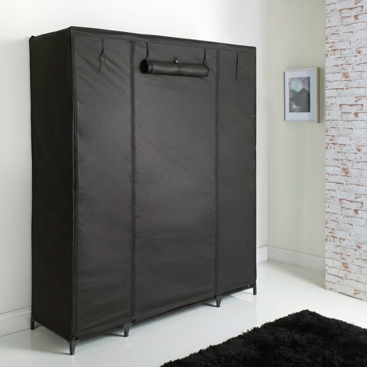Dulap XXL pentru haine din material textil si schelet metalic, 12 rafturi (11 + 1 spatiu pentru umerase haine), culoare Neagra 3