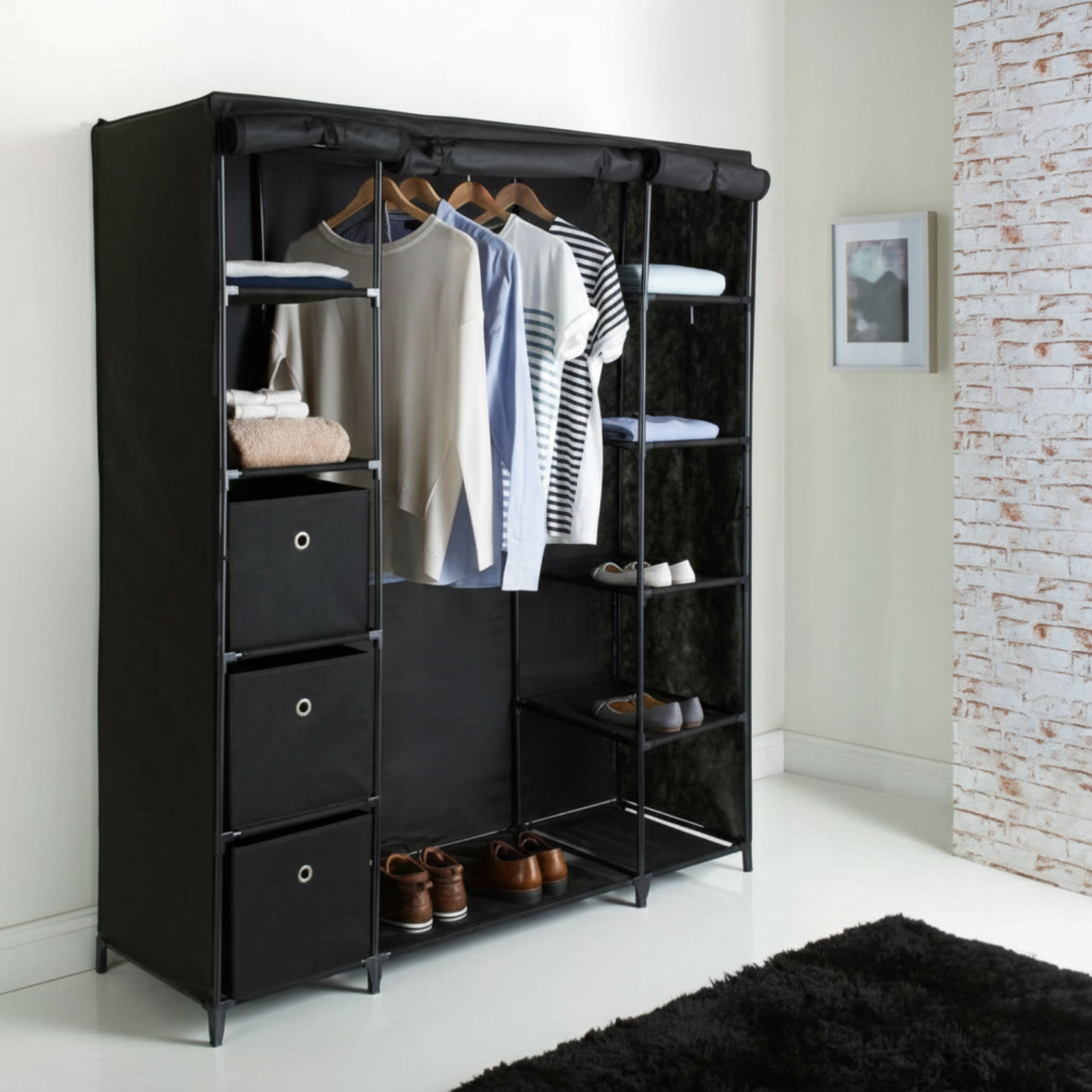 Dulap XXL pentru haine din material textil si schelet metalic, 12 rafturi (11 + 1 spatiu pentru umerase haine), culoare Neagra