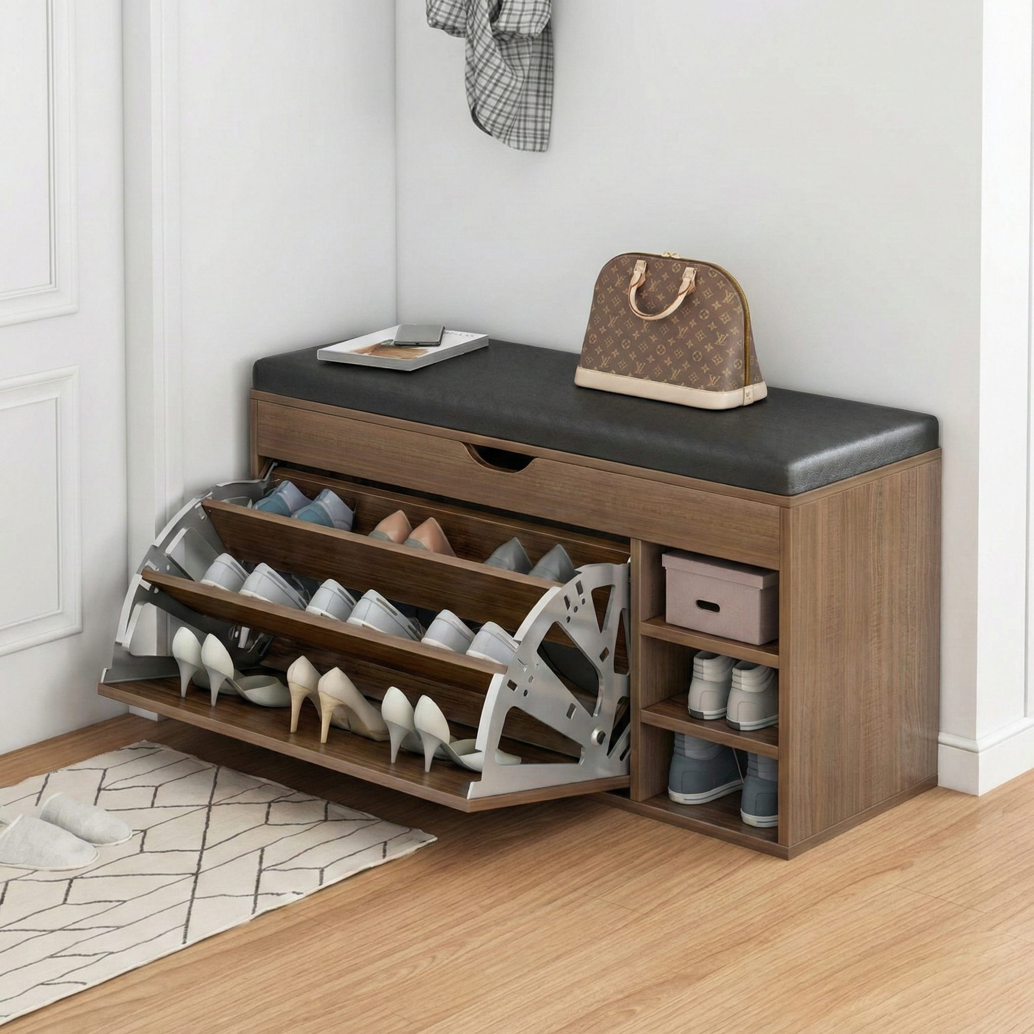 Pantofar tip Bancheta cu Rafturi, Alb/Maro - Maro / 100 x 34 x 51 cm