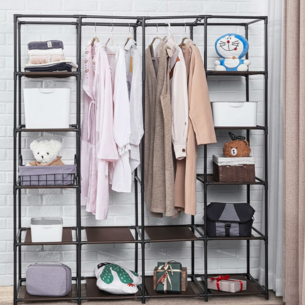 Dulap XXL pentru haine din material textil si schelet metalic, 12 rafturi (11 + 1 spatiu pentru umerase haine), culoare Neagra