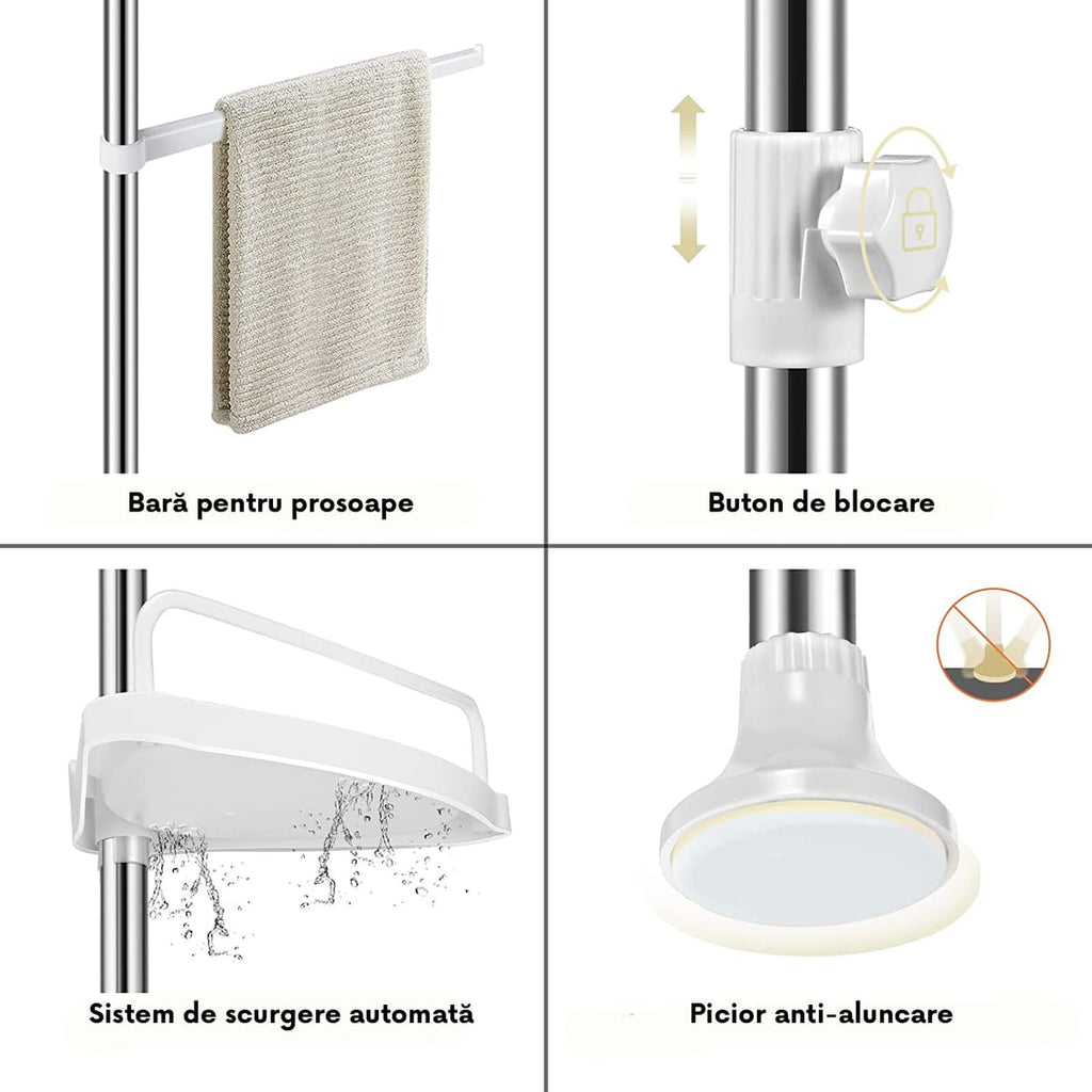 Etajera de colt pentru dus/baie, montare fara gaurire și organizare pe 4 rafturi, varianta telescopica ajustabila, Alba 4