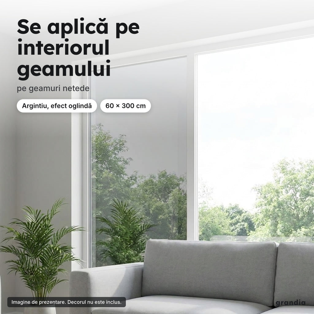 Folie oglindă argintie pentru geam, 60 × 300 cm – Se aplică pe interiorul geamului