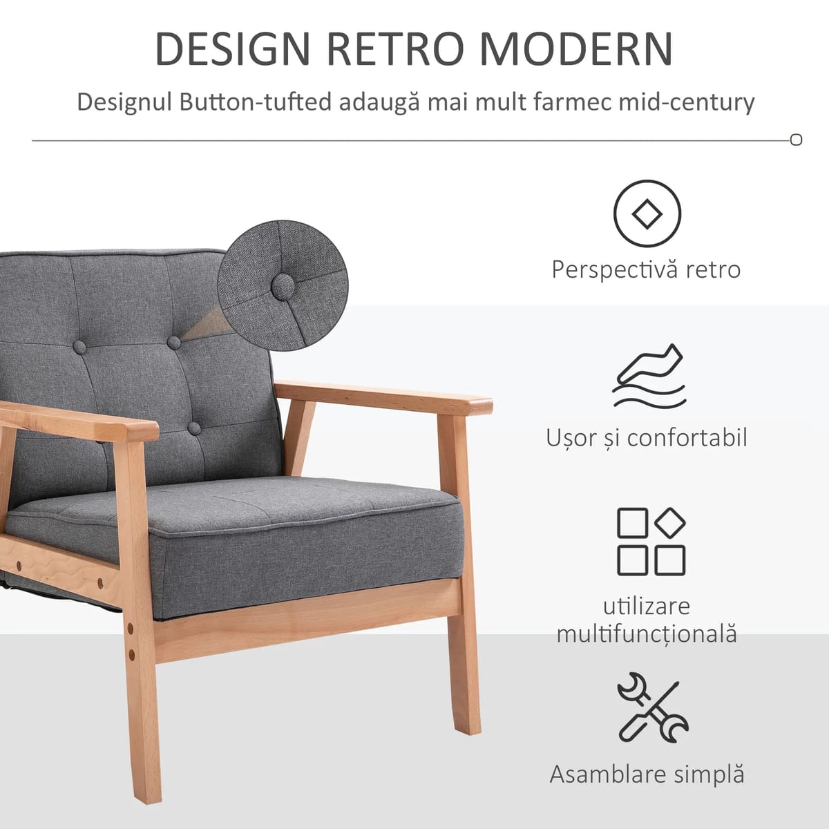 Fotoliu vintage stil scandinav, moale si confortabil, capitonat cu butoni, 64,5x70x74 cm, gri 5