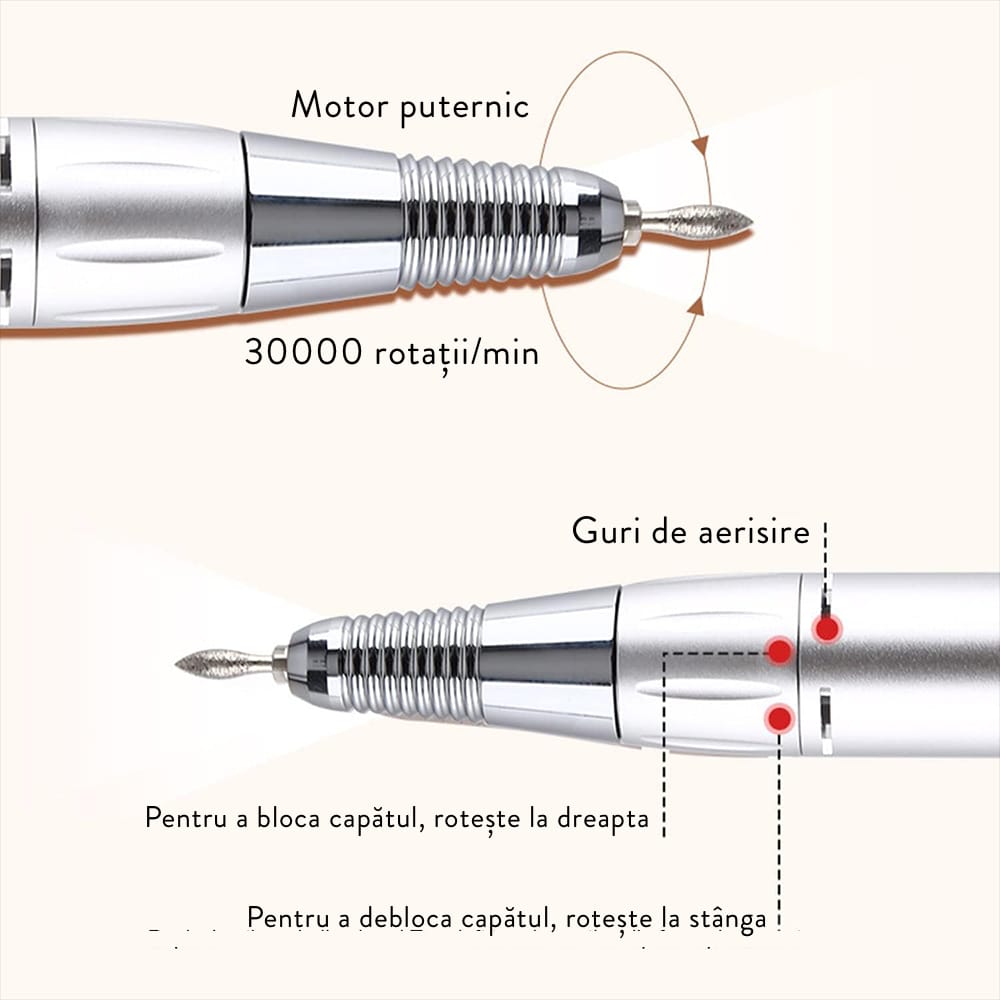 Freză unghii profesionala 30,000 RPM, pila electrica unghii, 6 capete 3