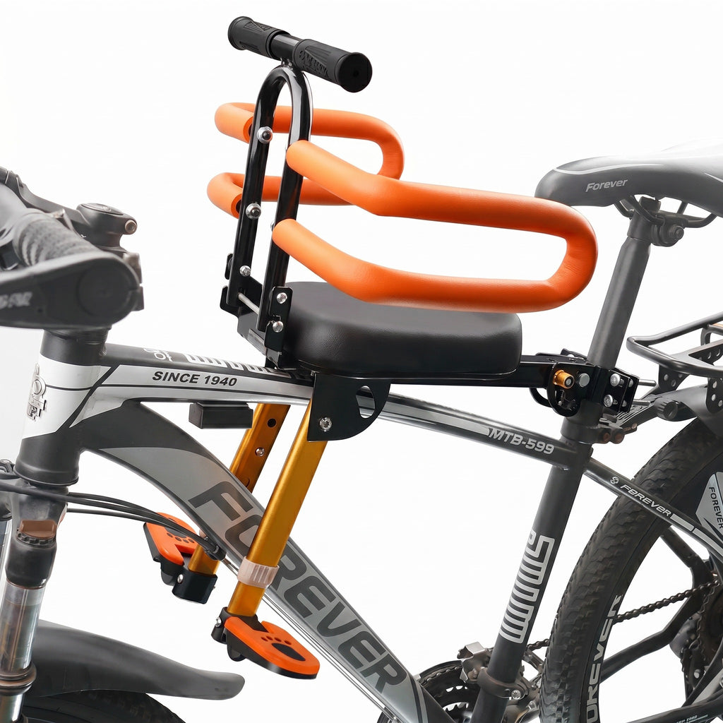 Scaunul pentru copii montat pe bara unei biciclete gri, văzut din lateral