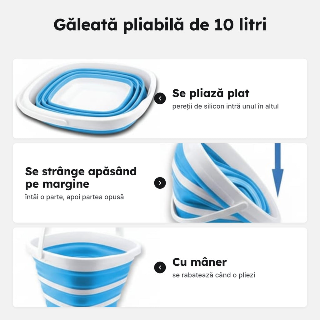 Găleată pliabilă de 10 L, albastru cu alb, cu mâner – Găleată pliabilă de 10 litri