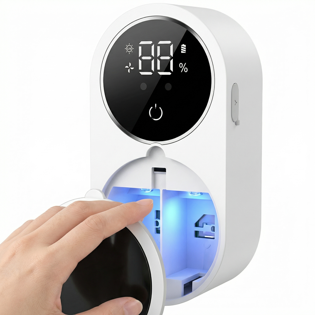 Capacul rotund deschis cu mâna, cu cele două compartimente luminate
