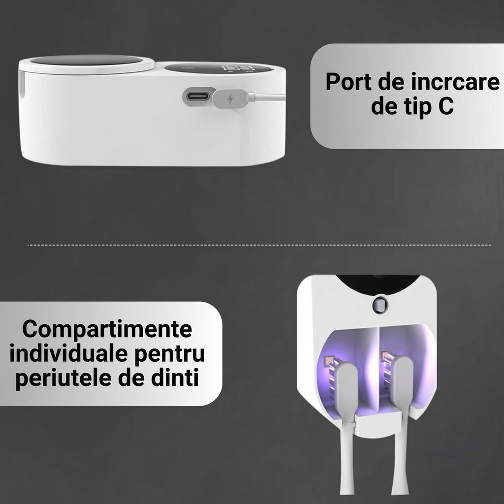Portul USB tip C de pe margine și compartimentele pentru periuțe