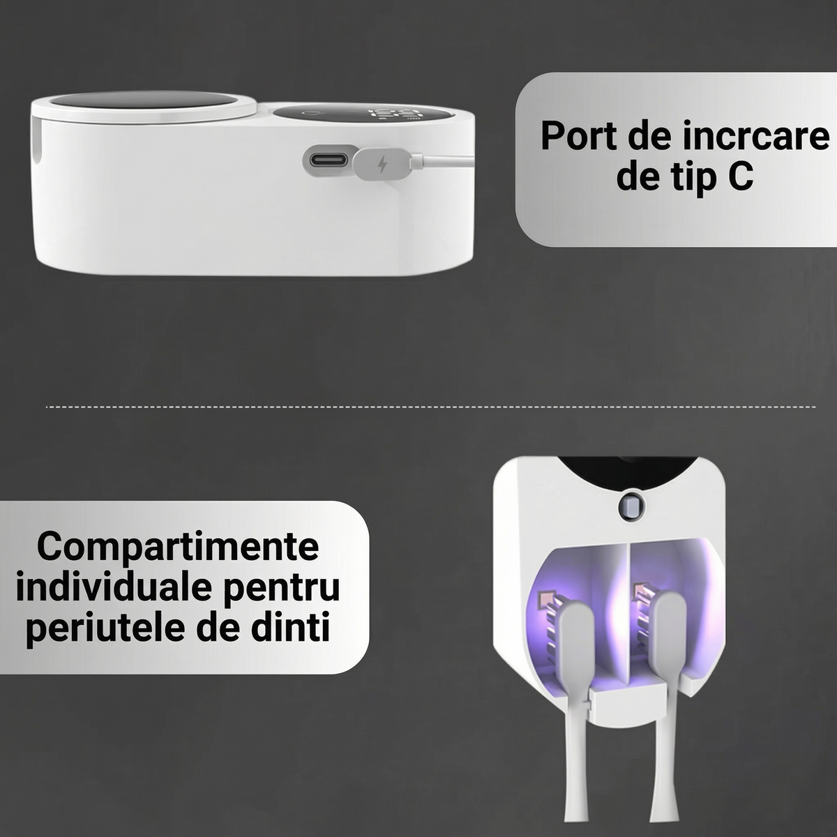 Portul USB tip C de pe margine și compartimentele pentru periuțe
