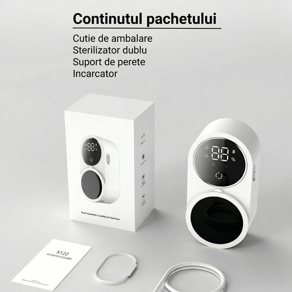 Conținutul coletului: cutie, aparat, suport de perete și cablu