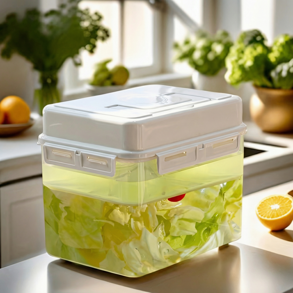 Recipient transparent cu capac cu cleme, plin cu varză în lichid