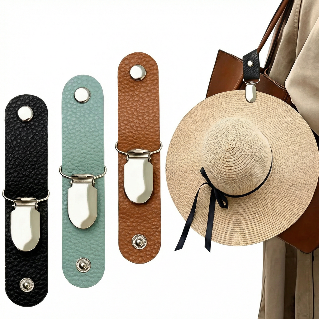 Trei cleme pentru pălărie și o pălărie de paie prinsă de geantă