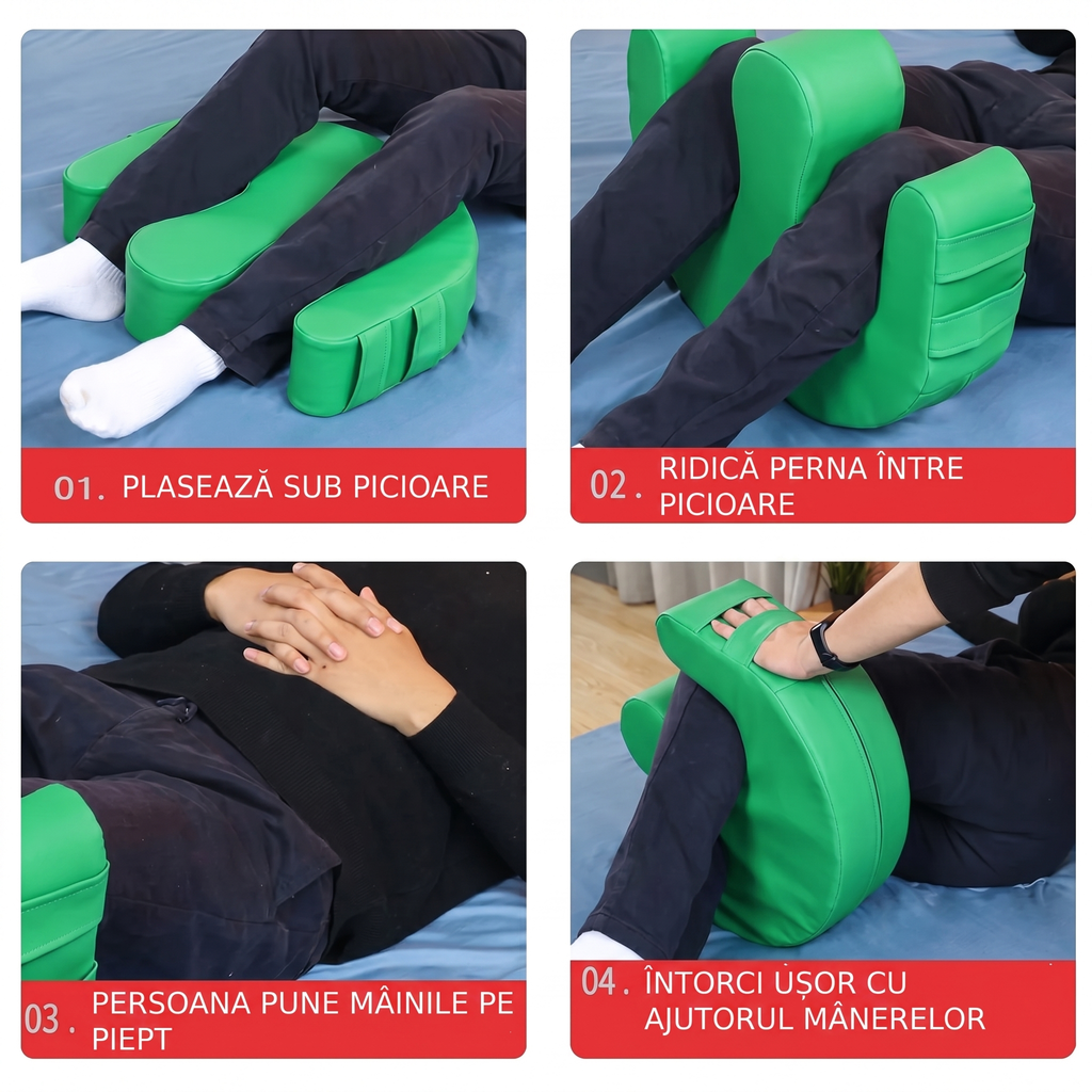 Cei patru pași de folosire a pernei de întoarcere, pe o pernă verde