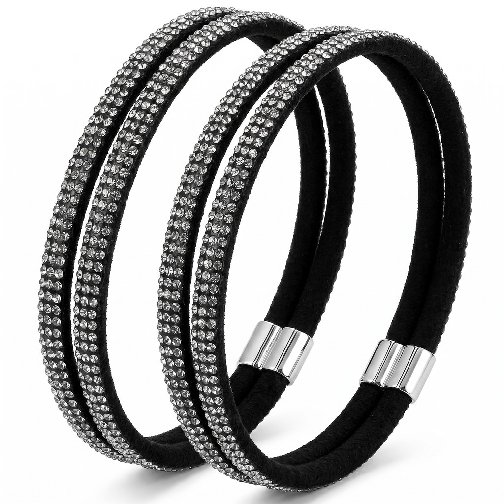 Două curele elastice negre cu strasuri și închizătoare metalică