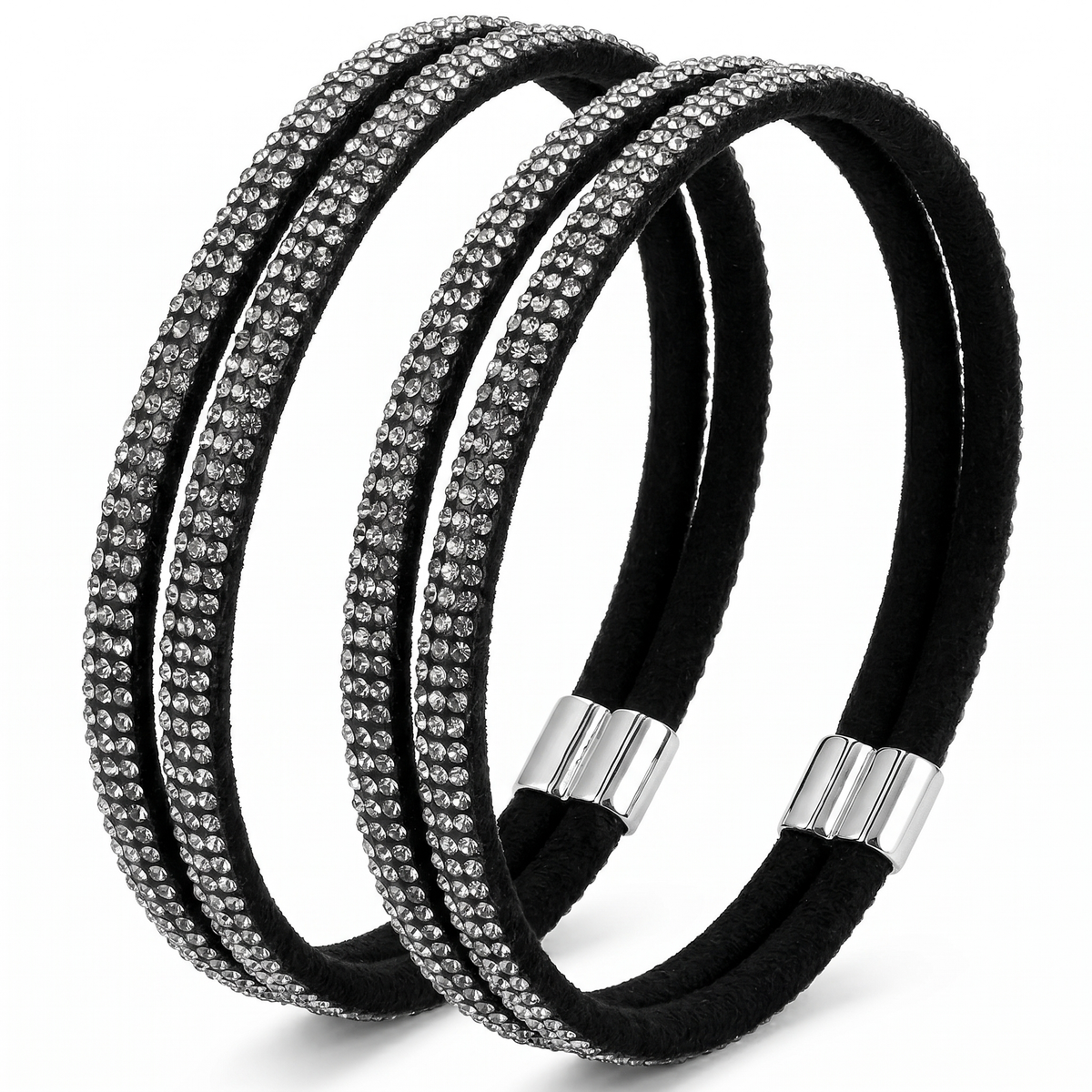 Două curele elastice negre cu strasuri și închizătoare metalică
