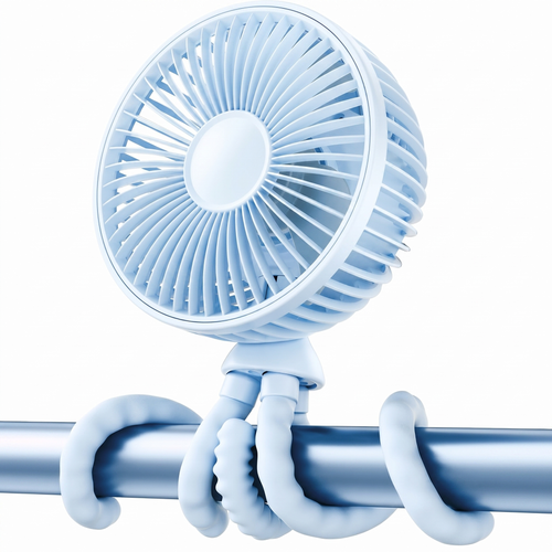 Ventilator albastru deschis cu picioare flexibile, înfășurate pe o bară