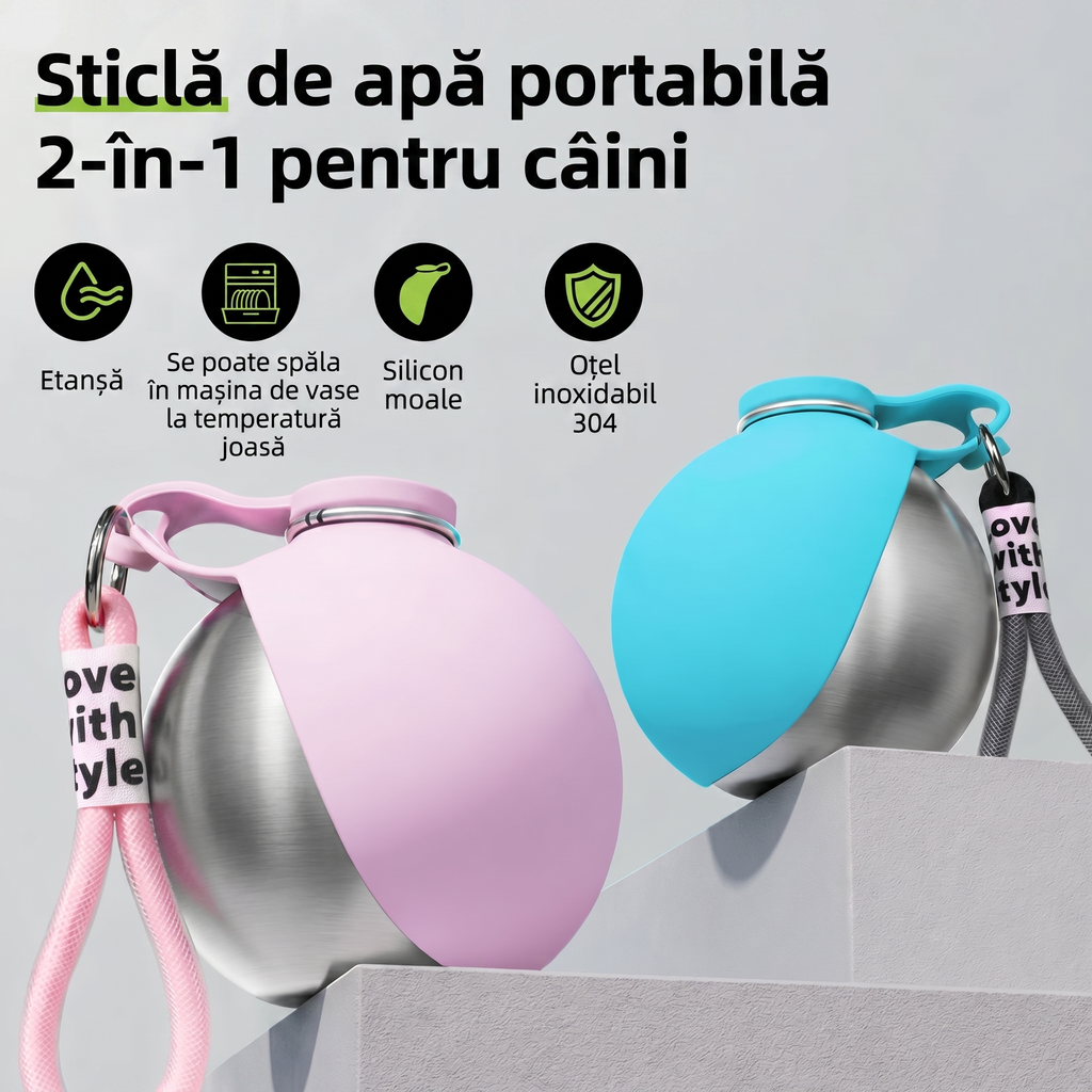 Sticlă de apă pentru câini, variantele roz și albastru